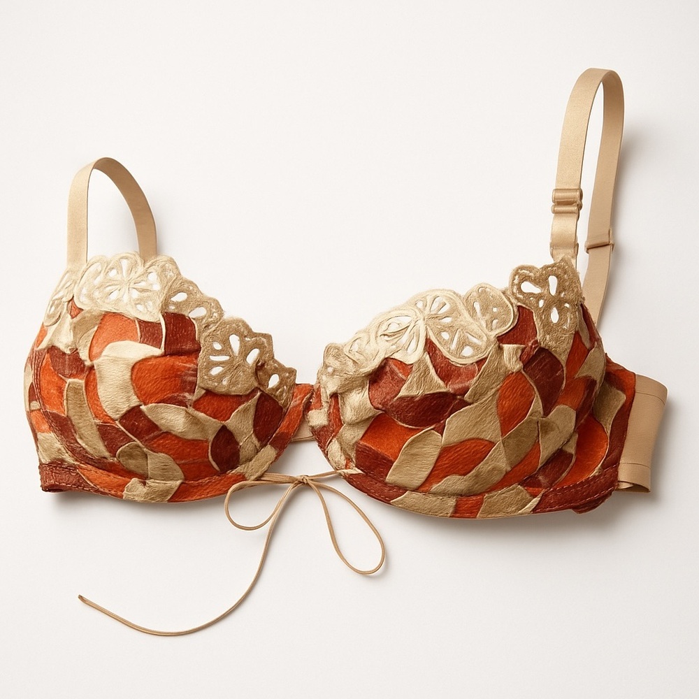 Cream and Brown Lace Bra with Floral Motifs